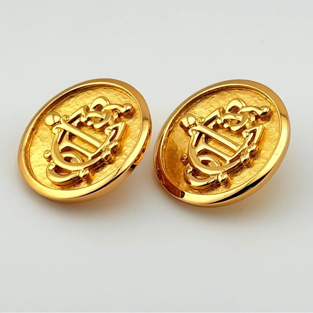Vintage Christian Dior Gold Plated Monogram Button Clip On Earrings HUGE - Picture 2 of 6